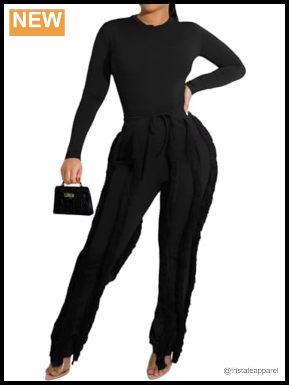 Women's Two Piece Outfit Long Sleeve Leotard Top Fringe Pants Set Club Party